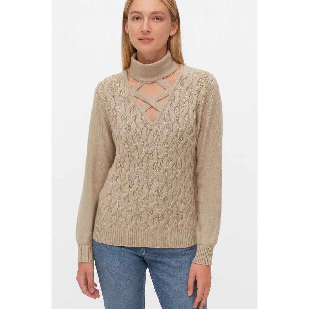 NY&C Size M Cozy Cable Knit Sweater With Criss-Cross Detail & Turtleneck